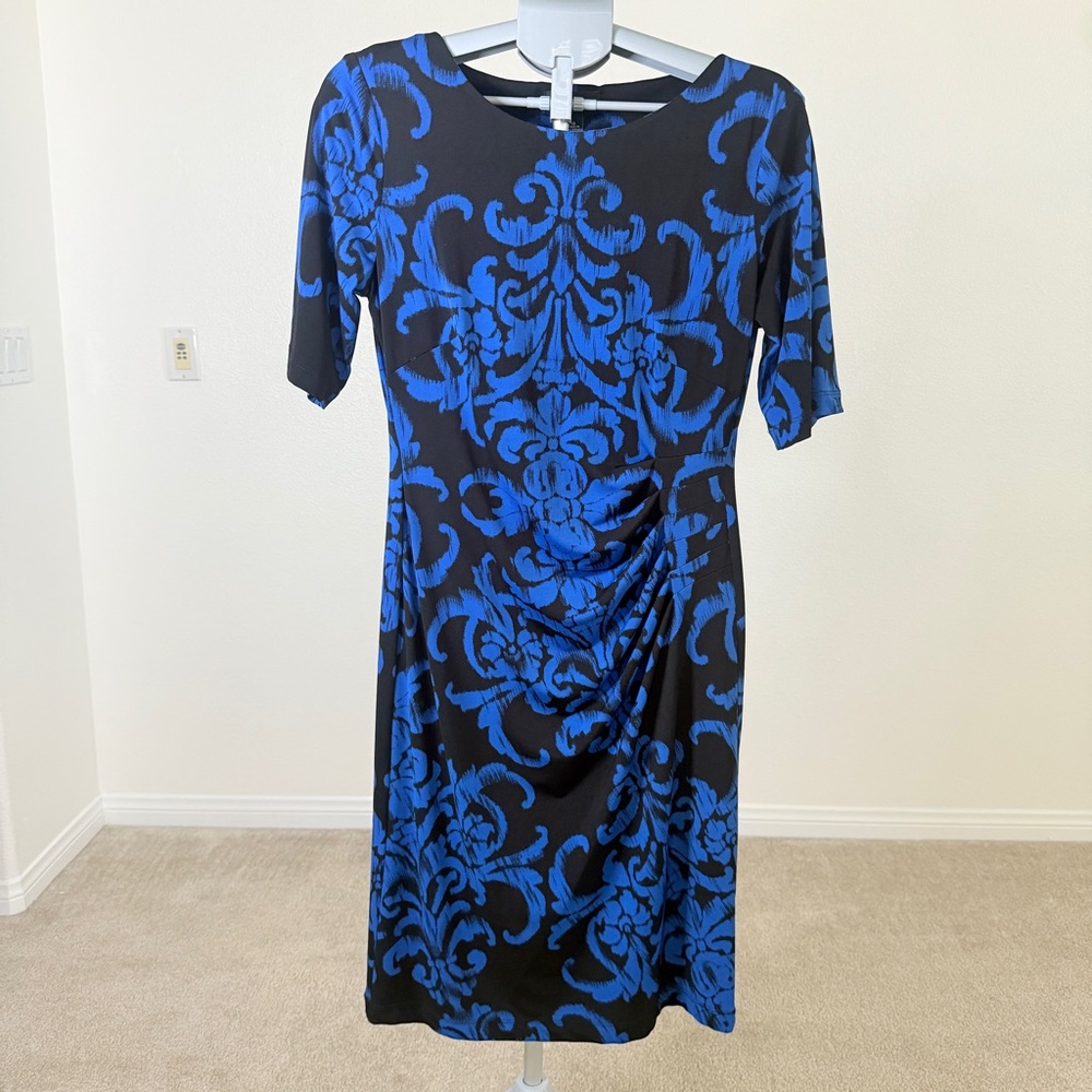 Connected Apparel Black & Blue Print Midi Dress - Size 12